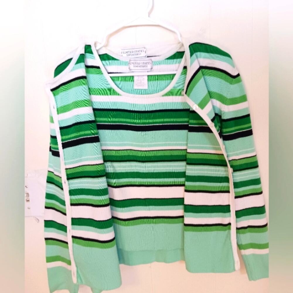 united states sweaters Green and White Striped Sweater Cardigan Duo